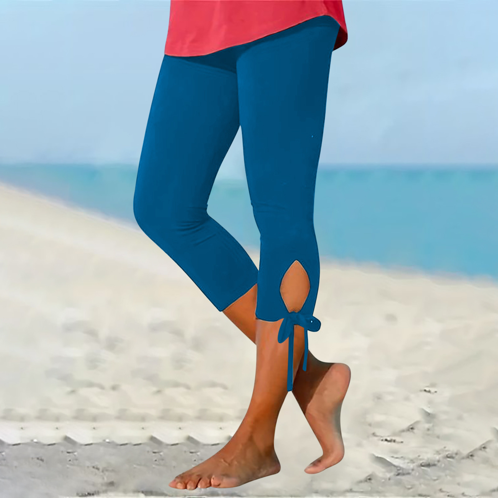 thumbnail image 2 of Leggings cortos de cintura alta con aberturas para mujer - Tejido elástico, pantalones informales para hacer ejercicio y para la playa, 2 of 6